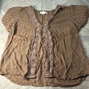 French Laundry Taupe Blouse with Lace Detail